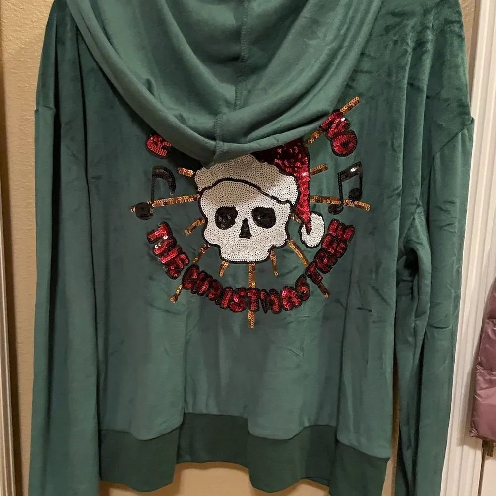 Miss Chievous Women’s Green Velvet Skull Sequins Hooded Zip Up Sweatshirt L